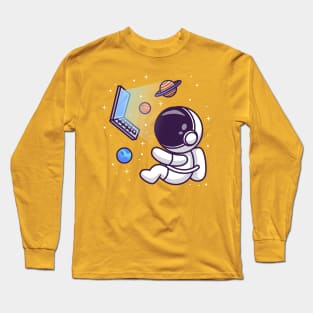 Cute Astronaut Floating With Laptop And Planet On Space Cartoon Long Sleeve T-Shirt